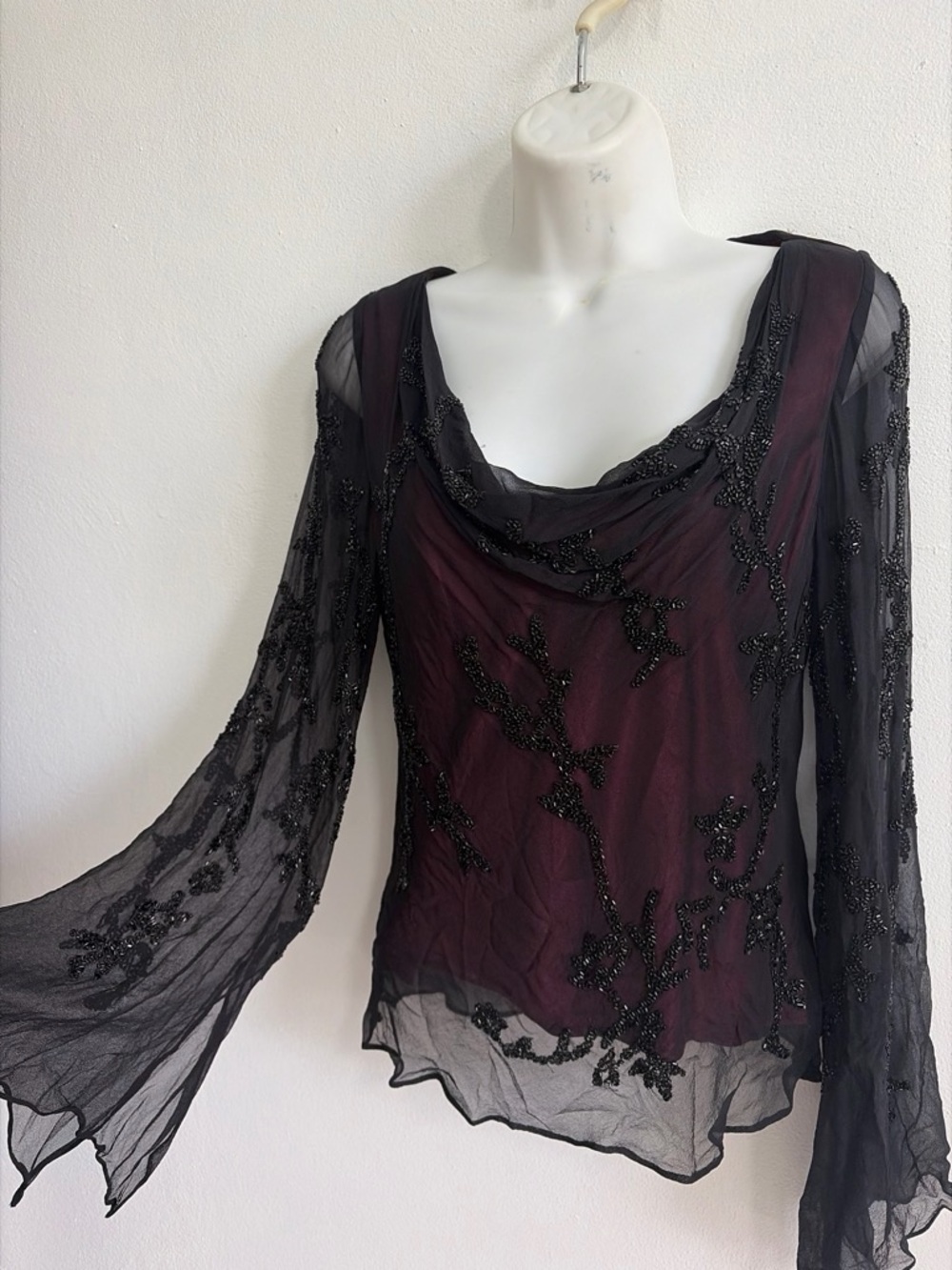 Scala Silk Beaded Bell Sleeve Blouse Cowl Neck Top S
